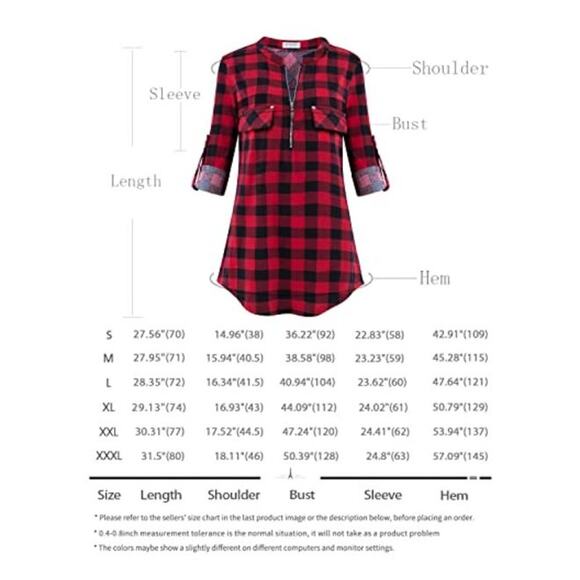 Siddhe Red Black Plaid Tunic 1/4 Zip V-Neck 3/4 Rolled Long Sleeve Top M - Picture 5 of 8